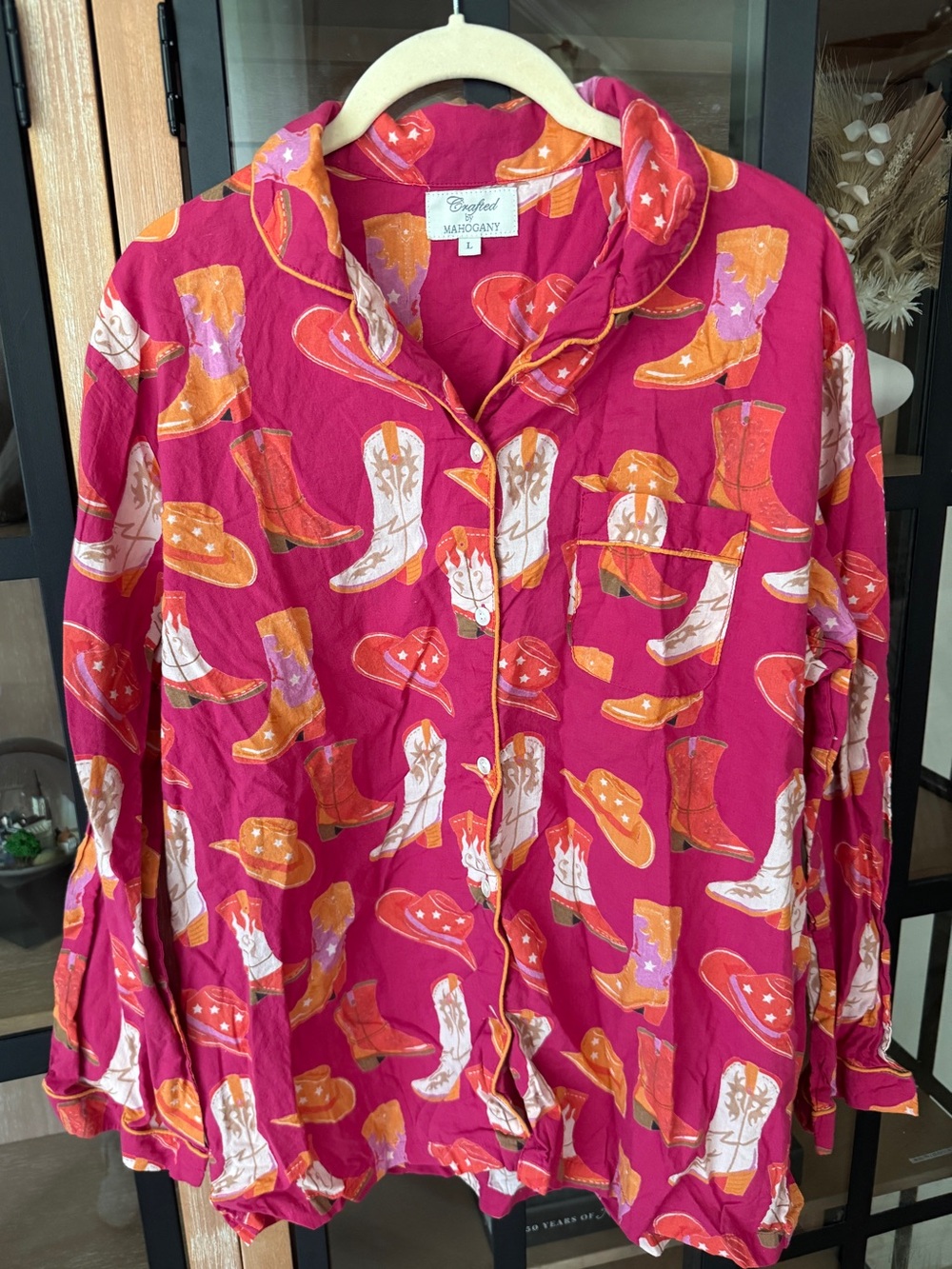 Western cowboy boots pajamas shirt printfresh cotton mahogany long sleeve top